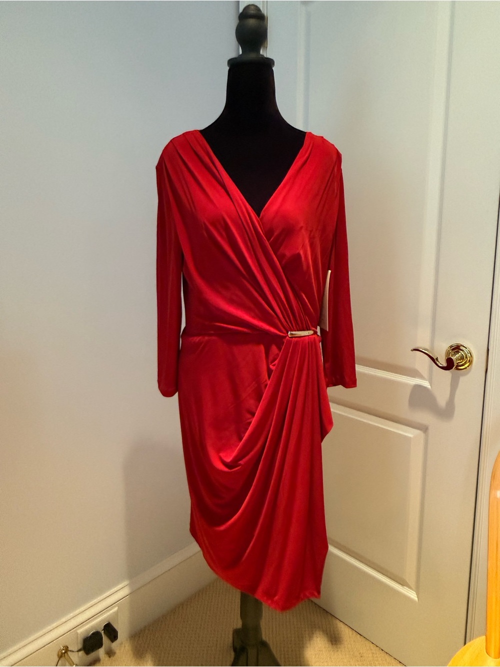 Boston Proper Red Draped Wrap Dress with Side Buckle detail